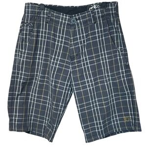 Fox Racing Plaid Cargo Shorts Men's Size 33 Grey Yellow White Zip Fly